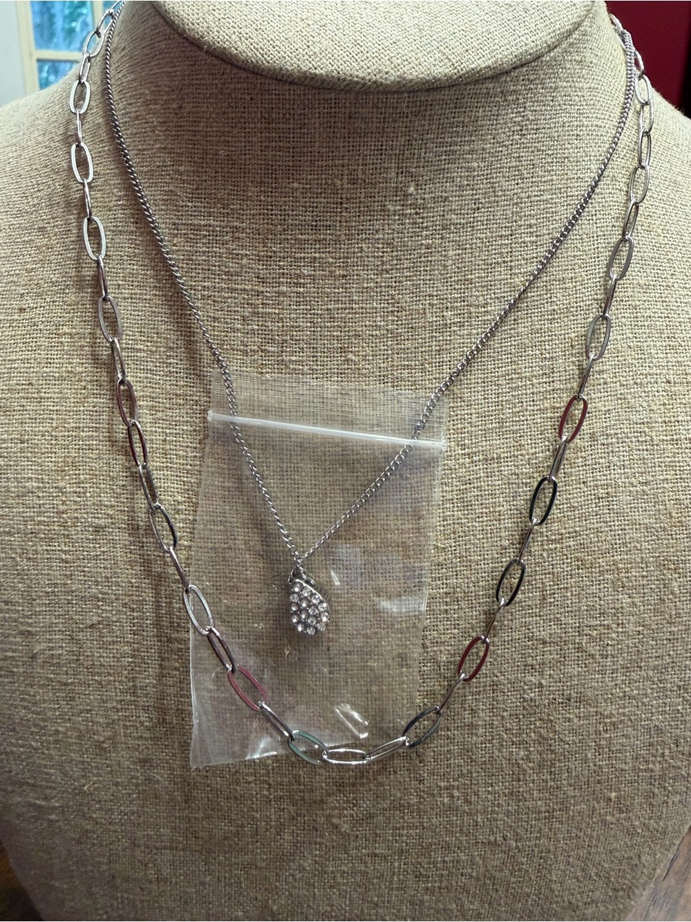 Silver Layered Chain Necklace with Crystal Teardrop Pendant - Electric collectio